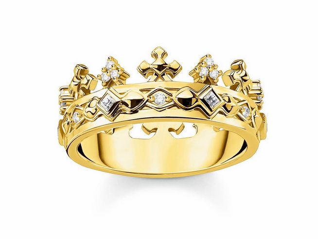 Ring von Thomas Sabo in Gelbgold mit Kronenmotiv und funkelnden Steinen, Größe 48, Modell TR2302-414-14-48. Elegantes Design, ideal für besondere Anlässe.