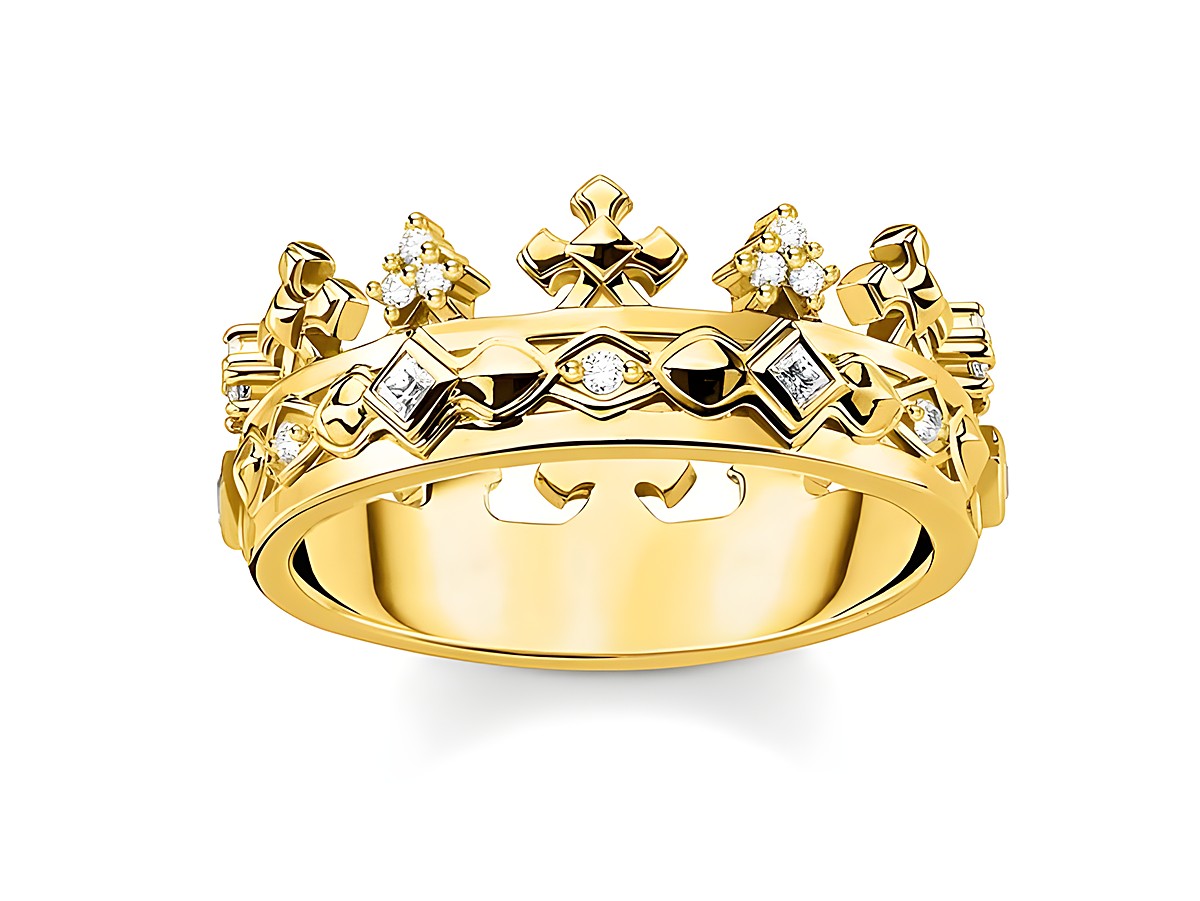 Ring von Thomas Sabo in Gelbgold mit Kronenmotiv und funkelnden Steinen, Größe 48, Modell TR2302-414-14-48. Elegantes Design, ideal für besondere Anlässe.