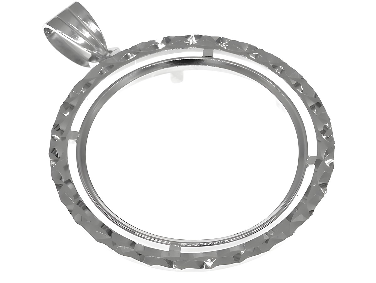 Münzfassung Anhänger aus 925 Sterling Silber, rhodiniert und diamantiert, mit maximalem Durchmesser von 26,2 mm für Münzen bis 3,0 cm, gefertigt vom Juwelier Harnisch.
