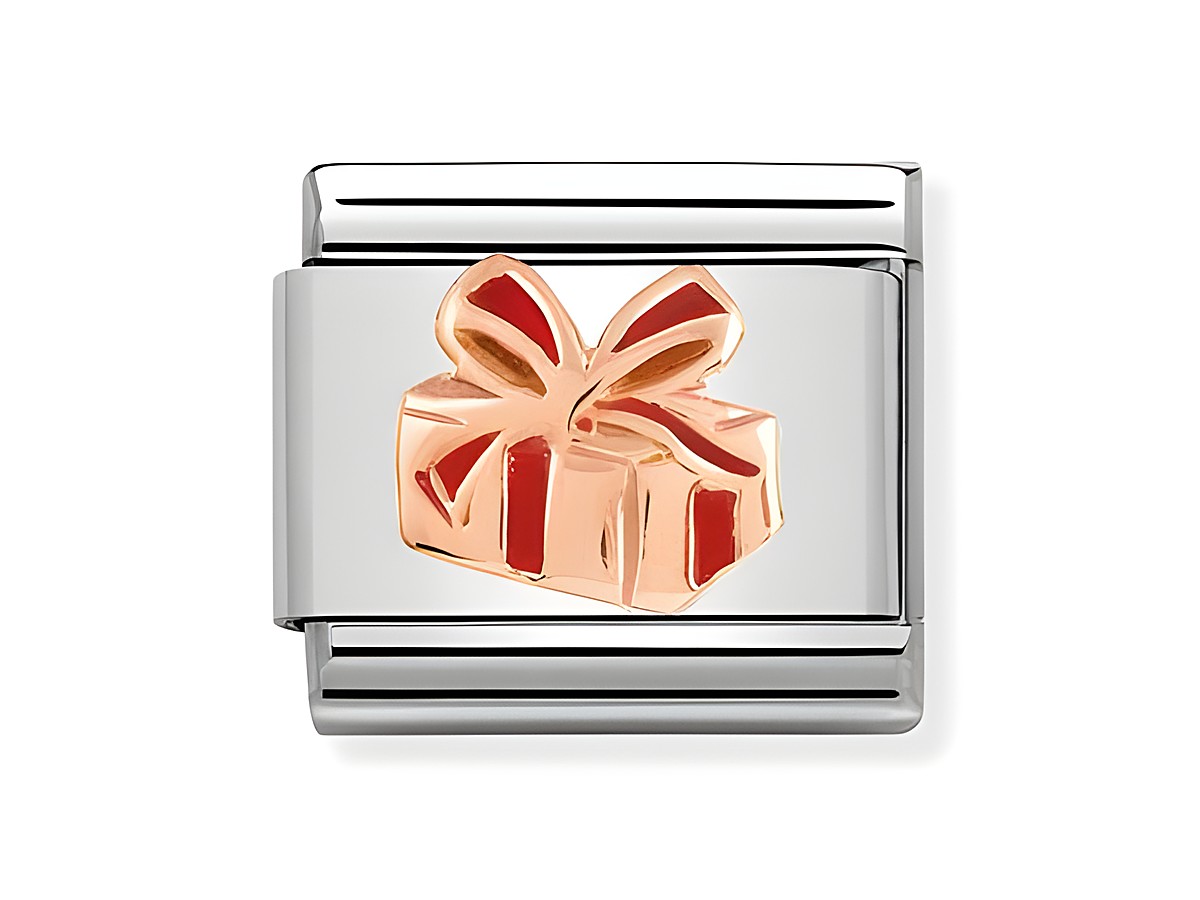 Geschenk aus Edelstahl mit roségoldener Emaille-Dekoration, präsentiert in Form eines stilisierten, geschnürten Pakets mit roten Streifen, ideal für die Modedesign-Kollektion.