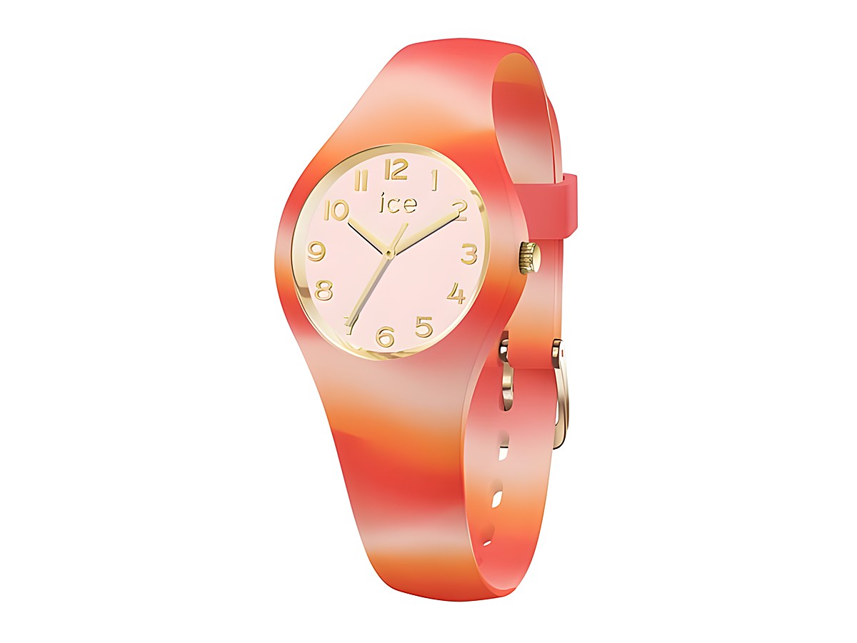 ICE tie and dye Sunrise Extra small Uhr von Ice Watch in sanften Orange- und Rosatönen mit goldenen Ziffern und einem minimalistischen Ziffernblatt. Ideal für einen farbenfrohen Look.