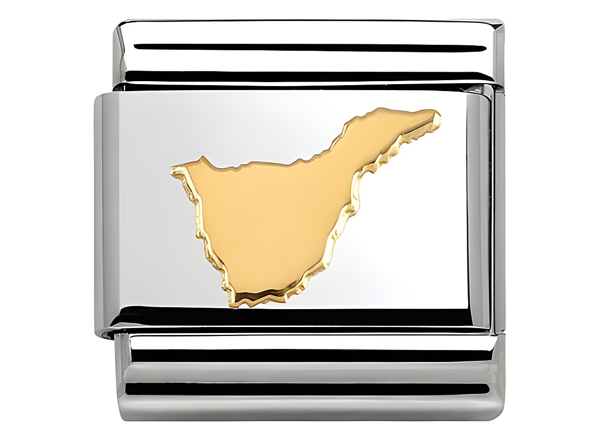 Ein Schmuckstück aus Edelstahl mit einer goldenen Silhouette der Insel Teneriffa, designed von Nomination, symbolisiert die geografische Lage und Schönheit der Kanaren.