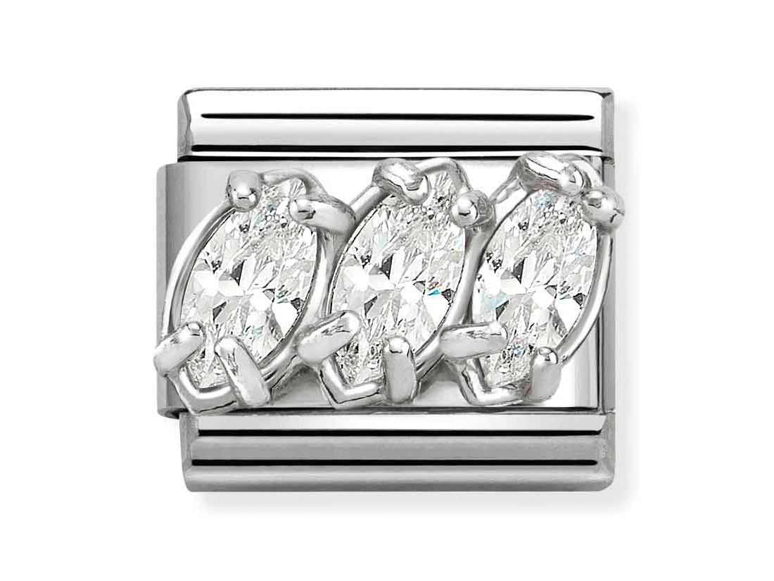 Sterling Silber Charm von Pandora mit drei ovalen Zirkonia in einem eleganten Design, ideal für charmante Armbänder. Hochwertige Verarbeitung und funkelnde Details zeichnen dieses Schmuckstück aus.