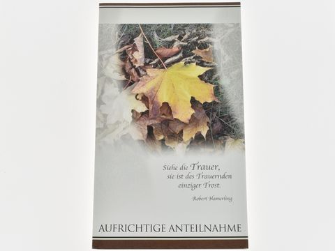 Trauerkarte mit herbstlichem Motiv von Juwelier Harnisch, zeigt gefärbtes Laub und die Inschrift Aufrichtige Anteilnahme sowie ein Zitat über Trauer als Trost.
