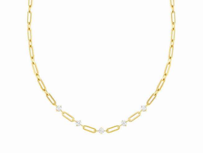 Edelstahl Kette in goldfarbener Optik mit weißen Zirkonia, 46 cm lang, Vintage-Design mit abwechselnden Gliedern und funkelnden Elementen, stilvoll und modern.