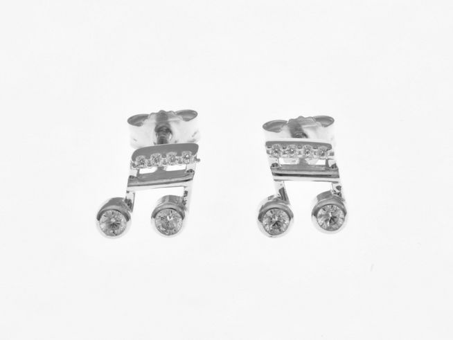 Note Ohrstecker aus Sterling Silber mit Zirkonia in Form einer Musiknote, glänzend und elegant, ideal für Musikliebhaber und besondere Anlässe, Hersteller Juwelier Harnisch.