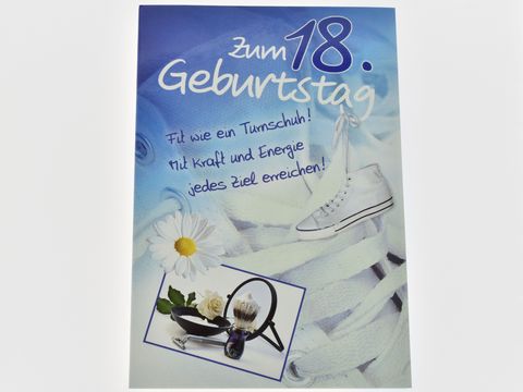 Eine Geburtstagskarte zum 18. Geburtstag mit einem weißen Turnschuh, Rasierzubehör und dem Text, der Energie und Motivation vermittelt. Hersteller Juwelier Harnisch.