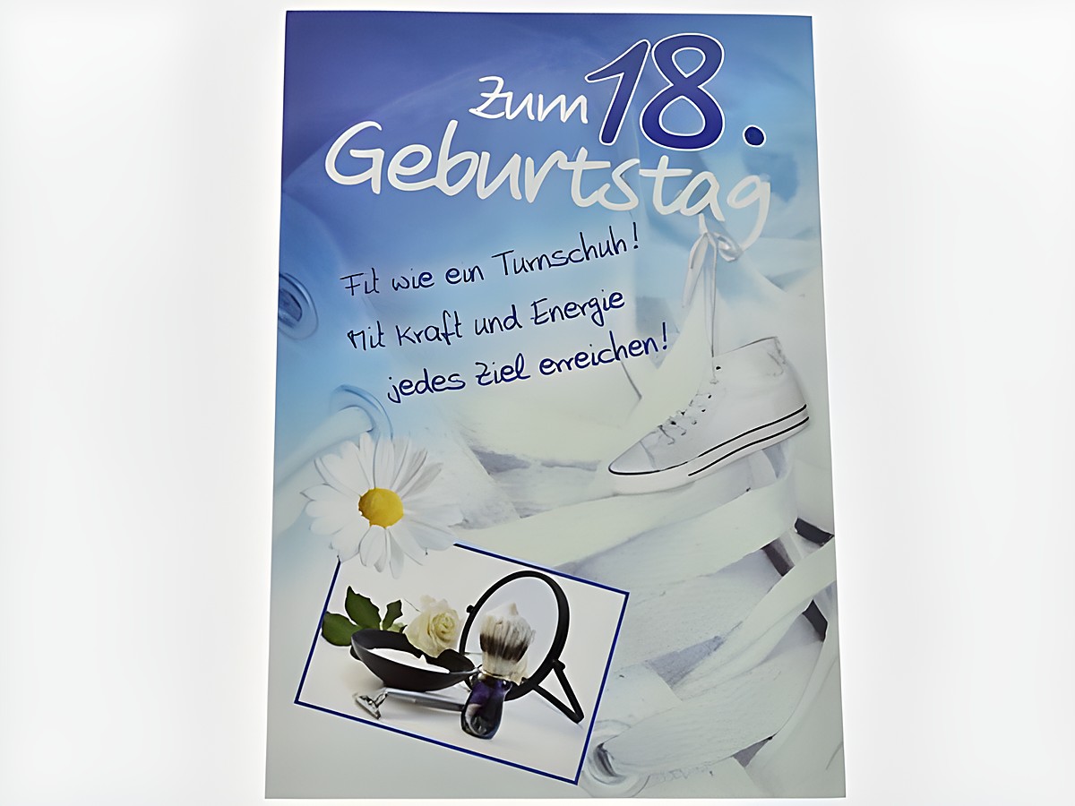 Eine Geburtstagskarte zum 18. Geburtstag mit einem weißen Turnschuh, Rasierzubehör und dem Text, der Energie und Motivation vermittelt. Hersteller Juwelier Harnisch.