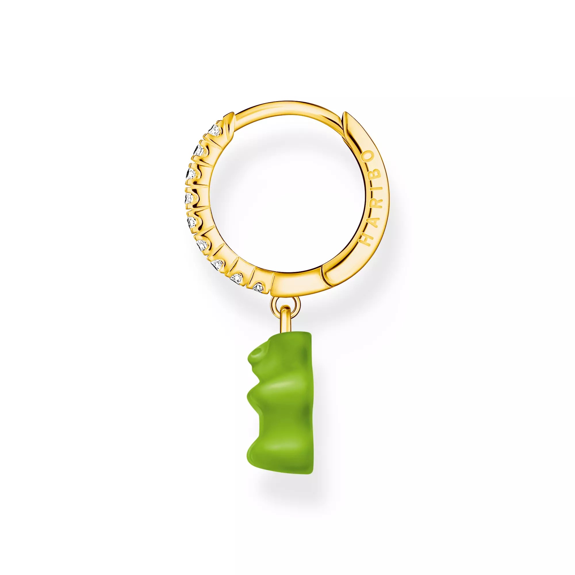 Thomas Sabo Einzel-Creole mit grünem Goldbären-Anhänger und Steinen vergoldet – HARIBO – Silber – Zirkonia – Ansicht 2