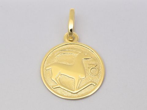 Steinbock Anhänger aus Gold 585, poliert, mit einem Durchmesser von 14 mm, gefertigt von Juwelier Harnisch, zeigt das Sternzeichen Steinbock in stilvollem Design.
