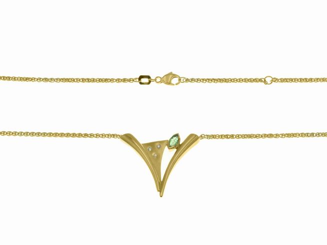 Collierkette mit Mittelteil aus 585 Gelbgold, verziert mit einem Smaragd und Diamanten, in zwei Längen von 41 cm und 43 cm, vom Hersteller Juwelier Harnisch.