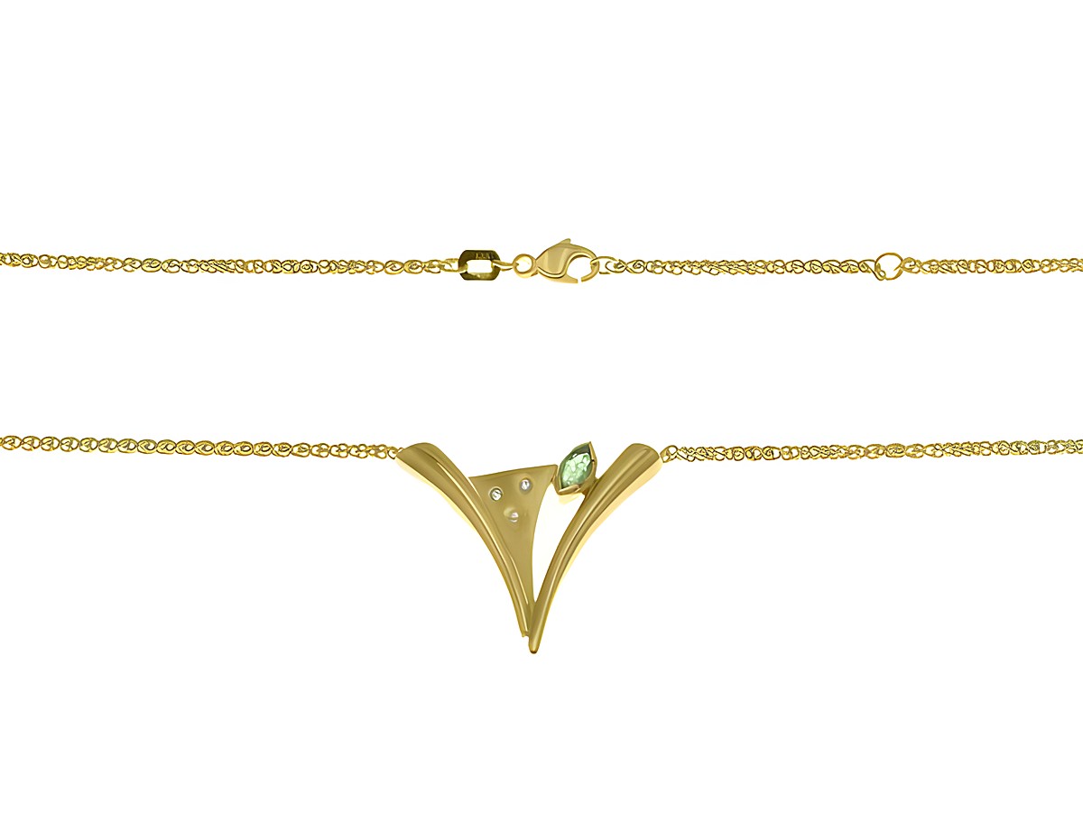 Collierkette mit Mittelteil aus 585 Gelbgold, verziert mit einem Smaragd und Diamanten, in zwei Längen von 41 cm und 43 cm, vom Hersteller Juwelier Harnisch.