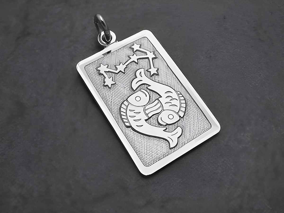 Rechteckiger Anhänger aus rhodiniertem Sterling Silber mit dem Sternzeichen Fische, zwei stilisierten Fischen und Sternen. Hersteller ist Juwelier Harnisch.