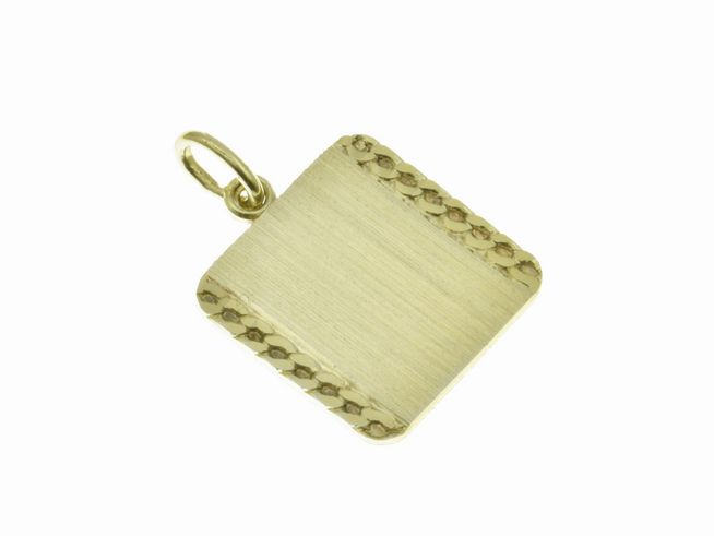 Gravurplatte aus Gold auf Silber Anhänger, ideal als Geschenkidee, Hersteller Juwelier Harnisch, quadratische Form mit strukturierter Kante, schlichtes und elegantes Design.