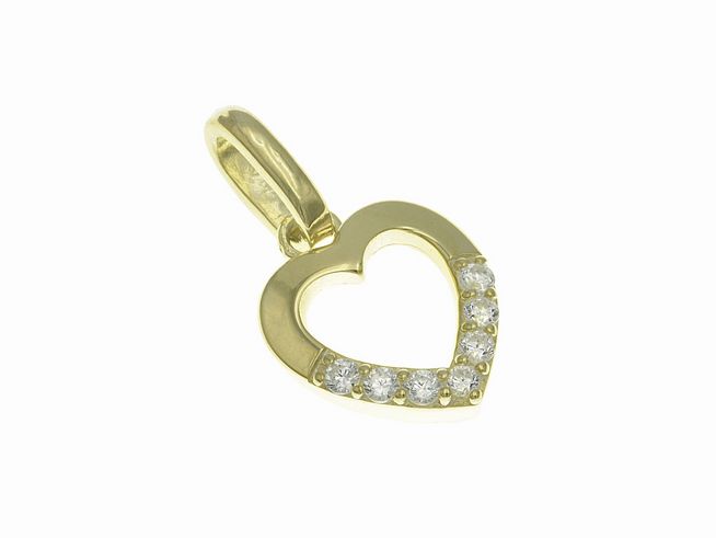 Anhänger aus vergoldetem Sterling Silber in Herzform, poliert und mit funkelnden Zirkonia verziert, hergestellt von Juwelier Harnisch, Perlen & Steine.
