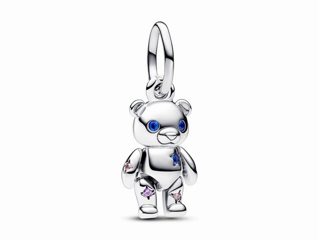 Beweglicher Baby-Teddybär Charm-Anhänger aus Sterling Silber mit bunten Steinen in Blau und Pink, perfekt für eine liebevolle Schmuckkollektion.