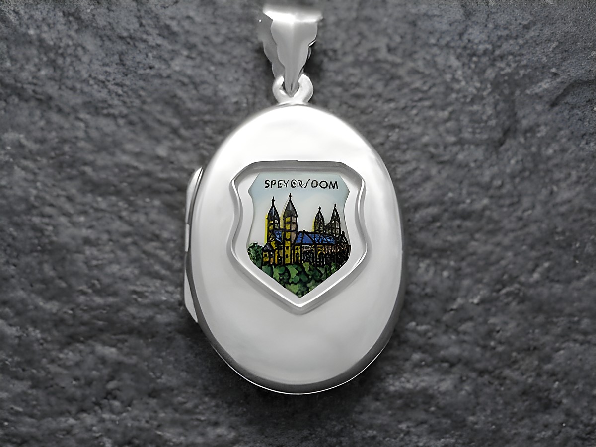 Silber Medaillon mit einer Darstellung des Speyer Doms und dem Wappen von Deutschland, hergestellt von Juwelier Harnisch aus Rheinland-Pfalz.