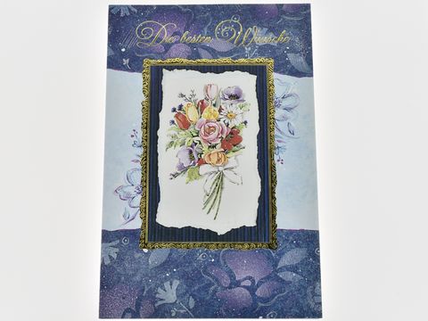 Eine Grußkarte mit einem Blumenstrauß in sanften Farben und goldenen Akzenten, umrahmt von einer eleganten Bordüre, darunter steht "Die besten Wünsche". Hersteller Juwelier Harnisch.