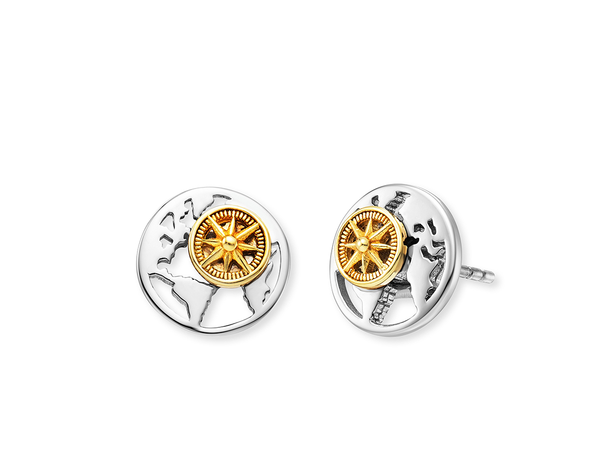 Bicolor Ohrringe aus silbernem Metall mit einer goldvergoldeten Weltkugel und Kompassdesign, Durchmesser von 10 mm, Hersteller Engelsrufer, Modell ERE-ALOHAWORLD-BI-ST ALOHA.