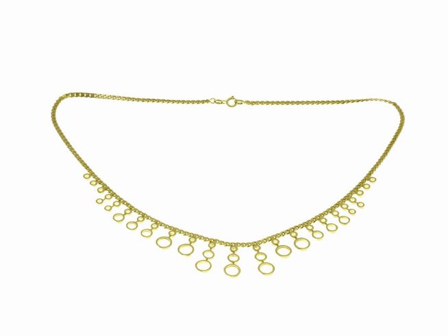 Collierkette mit Mittelteil aus 333 Gelbgold, geschmückt mit Retrokreisen, Länge 45 cm, elegantes Design für stilvolle Auftritte, hergestellt von Juwelier Harnisch.