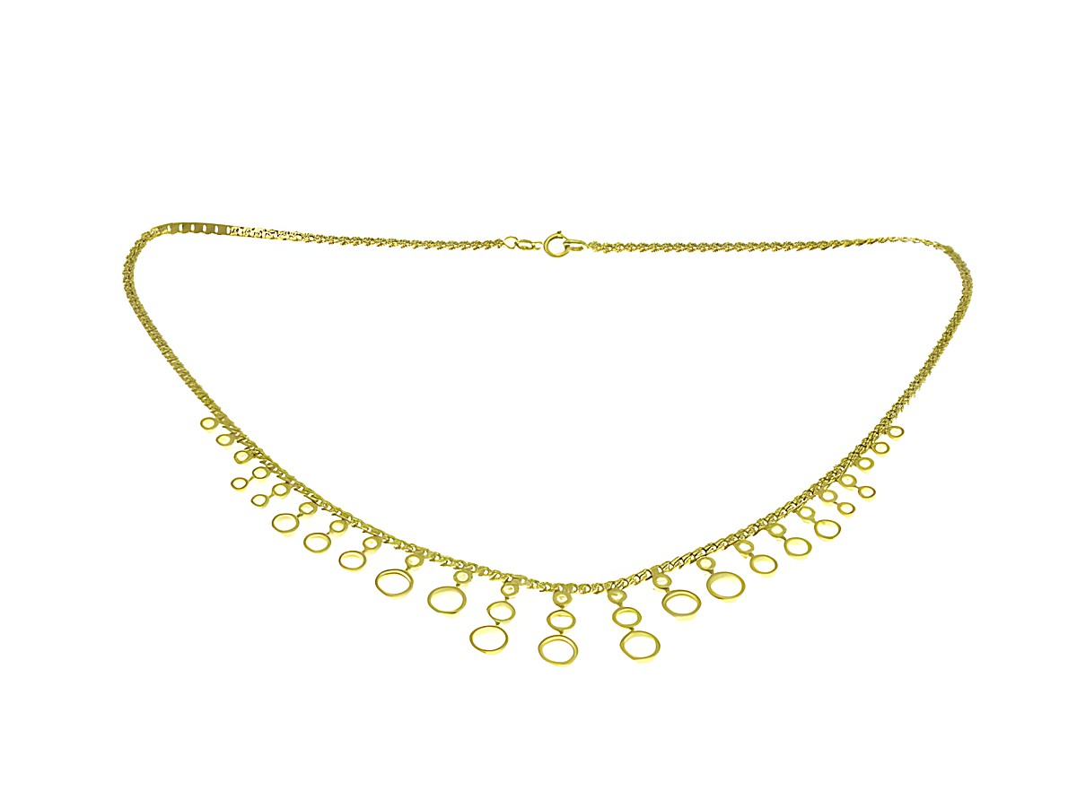 Collierkette mit Mittelteil aus 333 Gelbgold, geschmückt mit Retrokreisen, Länge 45 cm, elegantes Design für stilvolle Auftritte, hergestellt von Juwelier Harnisch.
