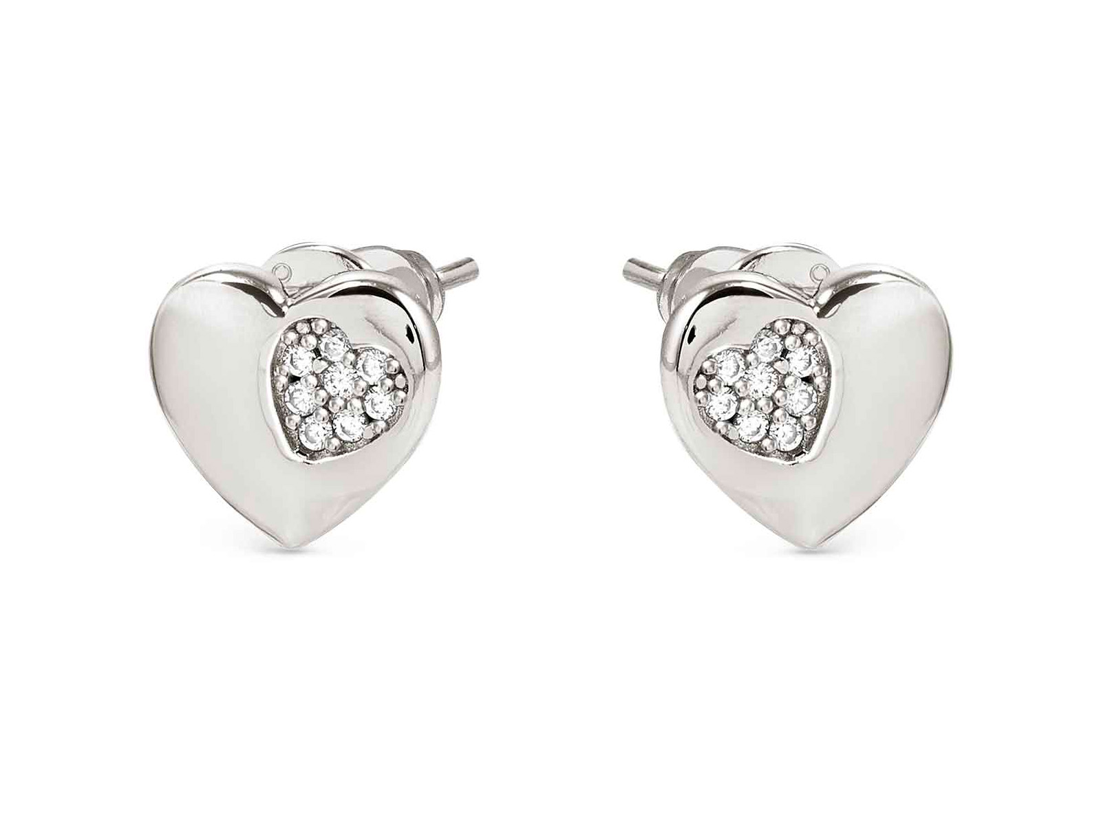 Zwei Herz-Ohrstecker aus Sterling Silber mit funkelndem Zirkonia in der Mitte, stilvoll und elegant, ideal für jeden Anlass, Hersteller Pandora, neueste Kollektion.