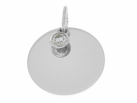 Runde Gravur Platte aus Silber rhodiniert mit einem Zirkonia, zeitloses Design, hergestellt von Juwelier Harnisch, ideal für personalisierte Anhänger und Schmuckstücke.