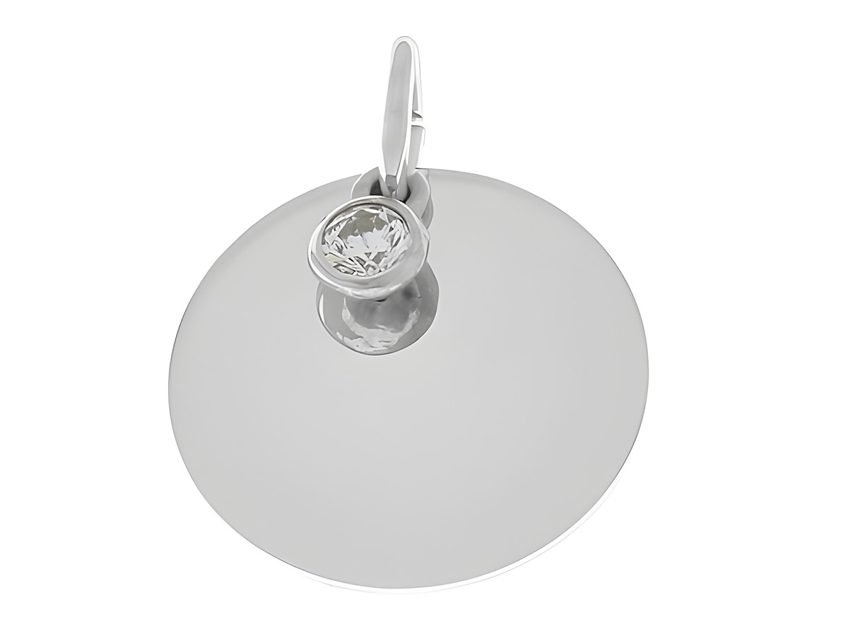 Runde Gravur Platte aus Silber rhodiniert mit einem Zirkonia, zeitloses Design, hergestellt von Juwelier Harnisch, ideal für personalisierte Anhänger und Schmuckstücke.