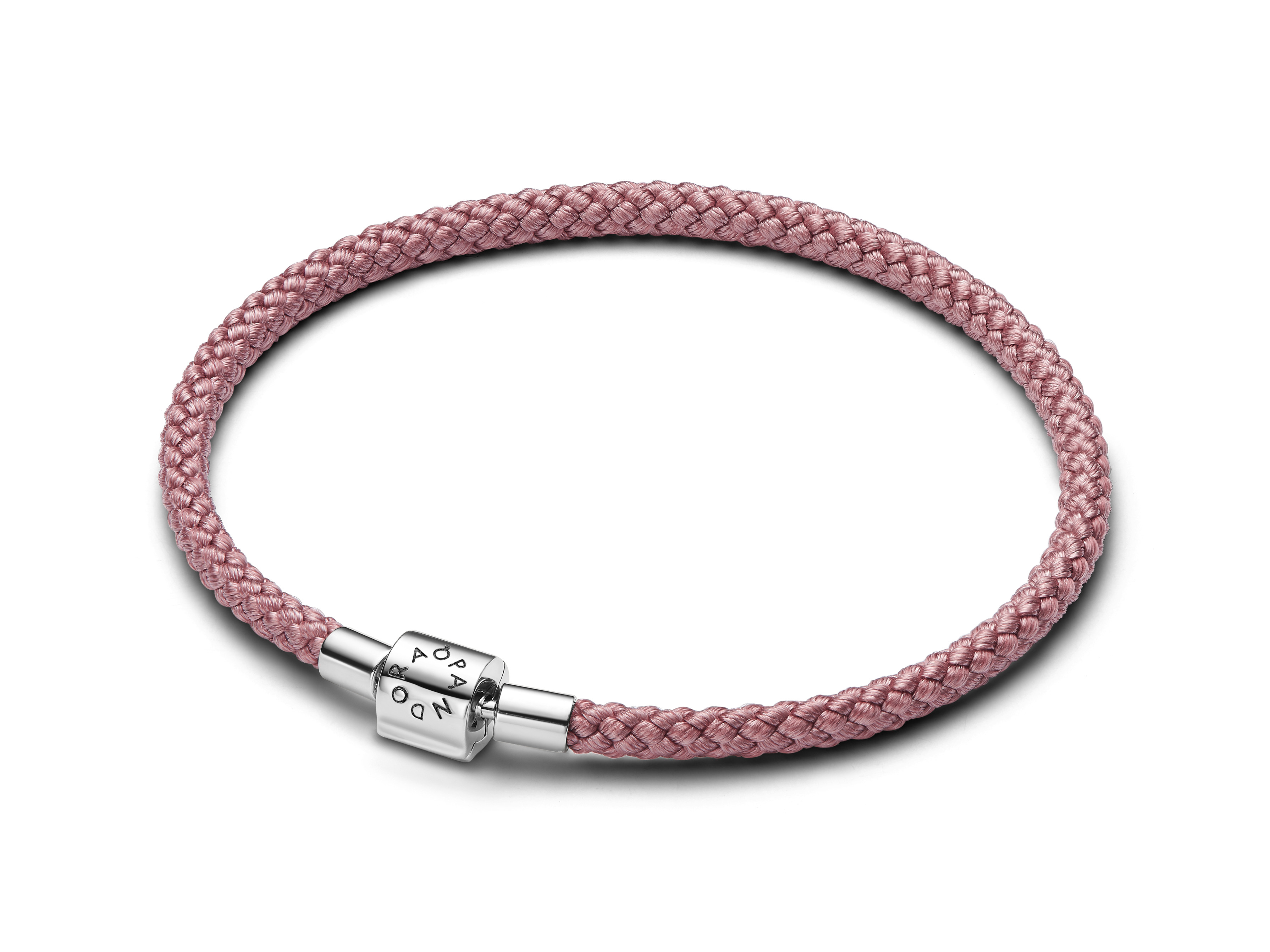 Schimmerndes rosafarbenes Kordelarmband von Pandora aus Textilkordel mit einer Silberverschluss, Länge 16 cm, elegant und modern, perfekte Ergänzung für jedes Schmuckstück.