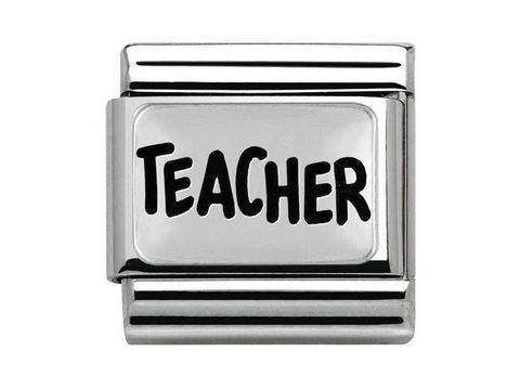 Silberner Nomination Charm mit der Aufschrift TEACHER, Modell Classic - 330102 39 - aus der Kollektion SilverShine, ideal als Geschenk für Lehrer.