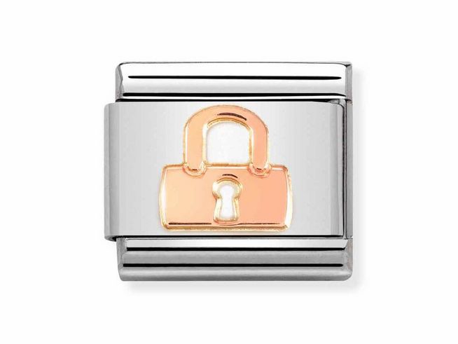 Schmuckelement aus Edelstahl mit einem Roségold Schloss als Motiv, Hersteller Nomination, Modell 430104 47 CLASSIC SYMBOLE, ideal für individuelle Armbänder.