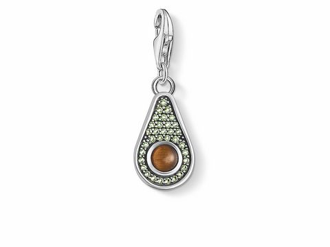 Silber Charm-Anhänger von Thomas Sabo in Avocado-Form mit glitzernden grünen Elementen und einem braunen Stein in der Mitte, ideal für Lebensmittel- und Essensliebhaber.