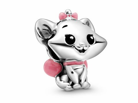 798848000-0 Charm von Disney Marie aus Emaille und Sterlingsilber mit fröhlichem Ausdruck, rosa Schleife und pinken Details, ideal für Schmuckliebhaber und Disney-Fans.