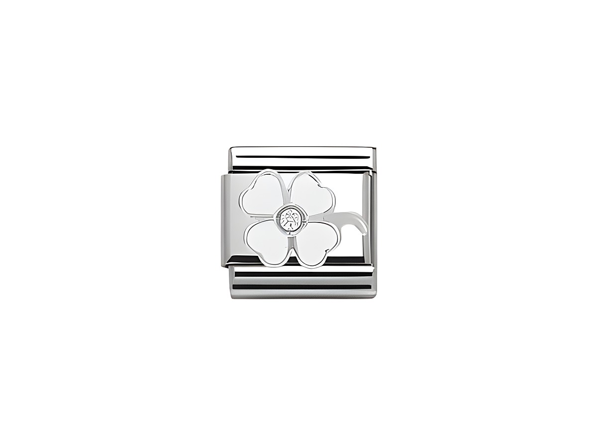 Zweireihiges Silberarmband mit einem weißen Glücksklee-Motiv und einem funkelnden Zirkonia in der Mitte, hergestellt von Nomination, Modell SilverShine.