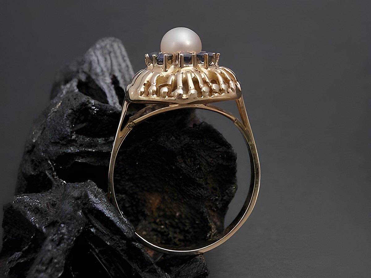 Gold Perlen Ring faszinierend Gr. 55 mit 5 mm Zuchtperle und synthetischem Saphir, Hersteller Juwelier Harnisch, bis Gr. 56/18, elegant und hochwertig verarbeitet. – Ansicht 2