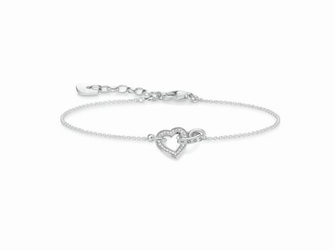 41610207-0 Silbernes Armband von Thomas Sabo mit Zirkonia-Verzierung und zwei ineinander geschlungenen Herzen, verstellbare Länge von 16 bis 19 cm.