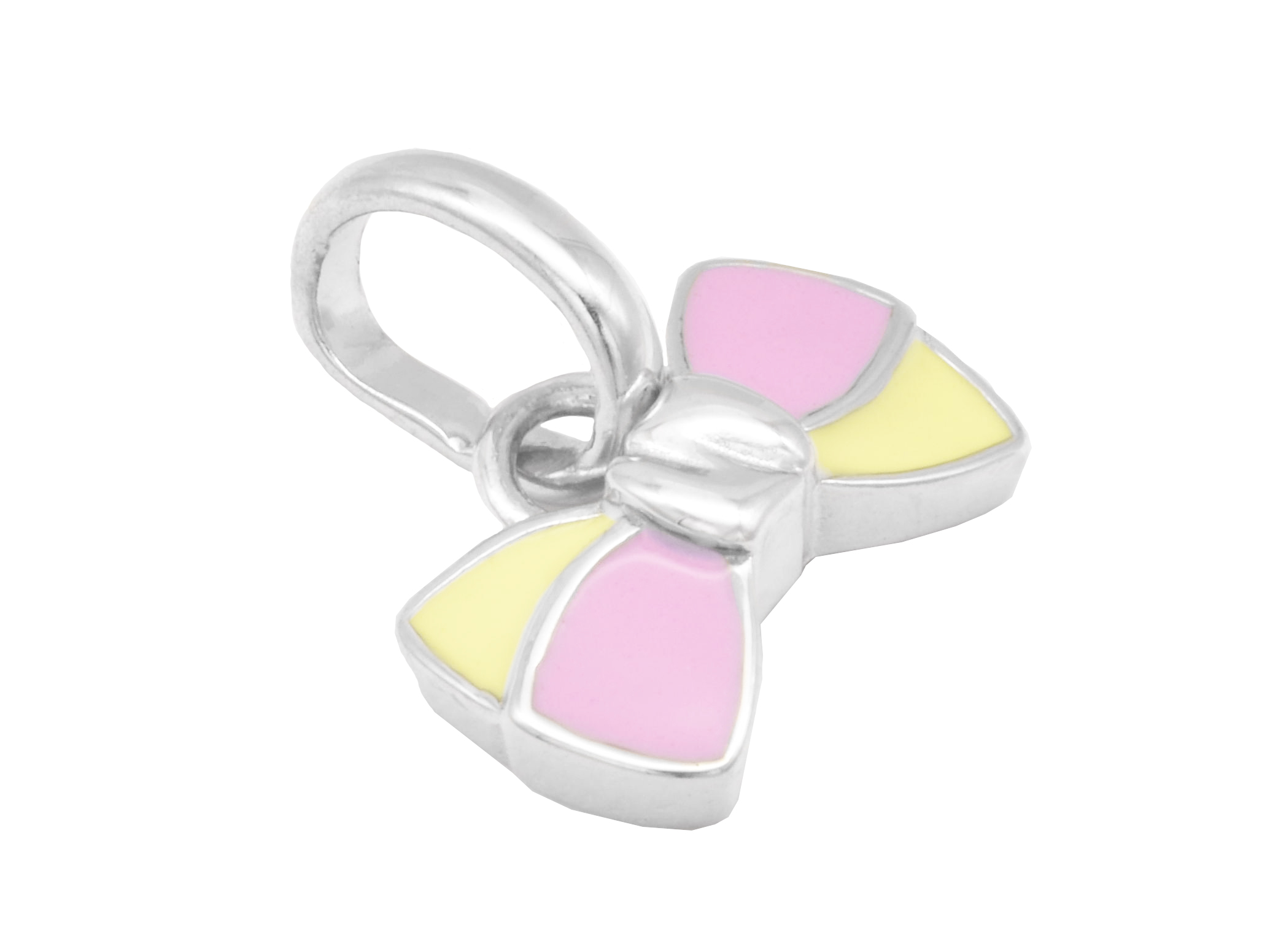 Schleifen Anhänger aus rhodiniertem Sterling Silber, poliert, verziert mit rosa und gelben Lackelementen, ideal für Kinder, Hersteller Juwelier Harnisch.