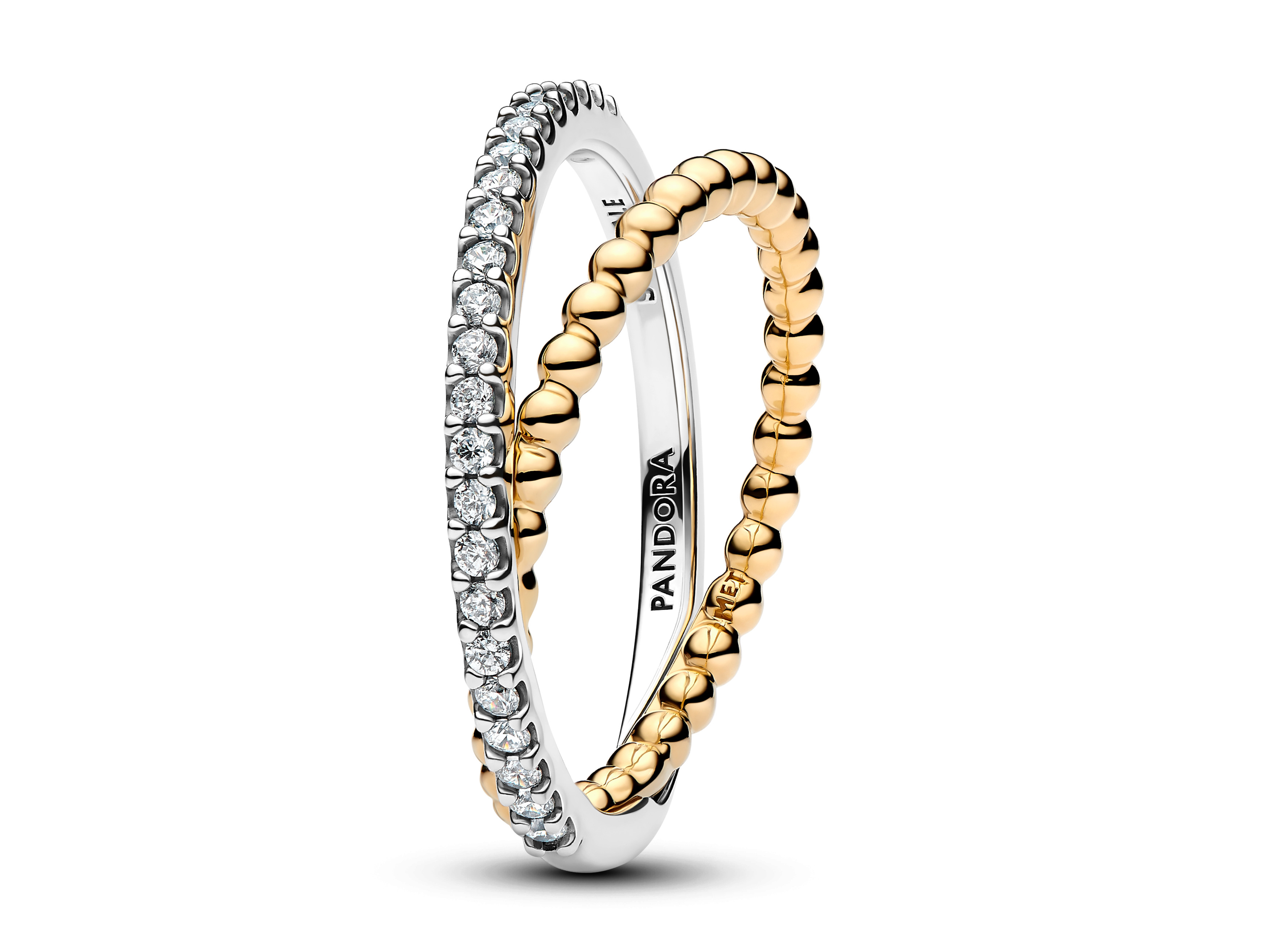 Pandora 164827C01-60 - Gekreuzter Doppel-Bandring mit Kugeln und Pavé - Sterling Silber & Gelbgold Vergoldung - Zirkonia - Gr. 60
