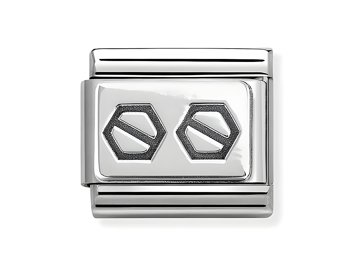 Zwei sechskantschrauben in schwarz auf einem silbernen Armbandglied aus sterling silber und edelstahl von Nomination. Elegant und modern im Design, ideal für Schmuckliebhaber.