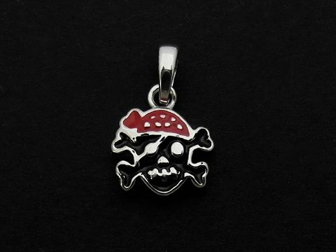 Verspielter Totenkopf Silber Anhänger mit rotem Lack und schwarzem Hintergrund, geeignet für Kinder, Hersteller Juwelier Harnisch.