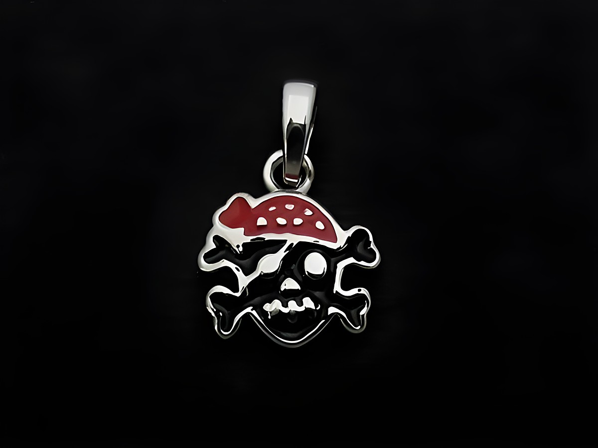 Verspielter Totenkopf Silber Anhänger mit rotem Lack und schwarzem Hintergrund, geeignet für Kinder, Hersteller Juwelier Harnisch.