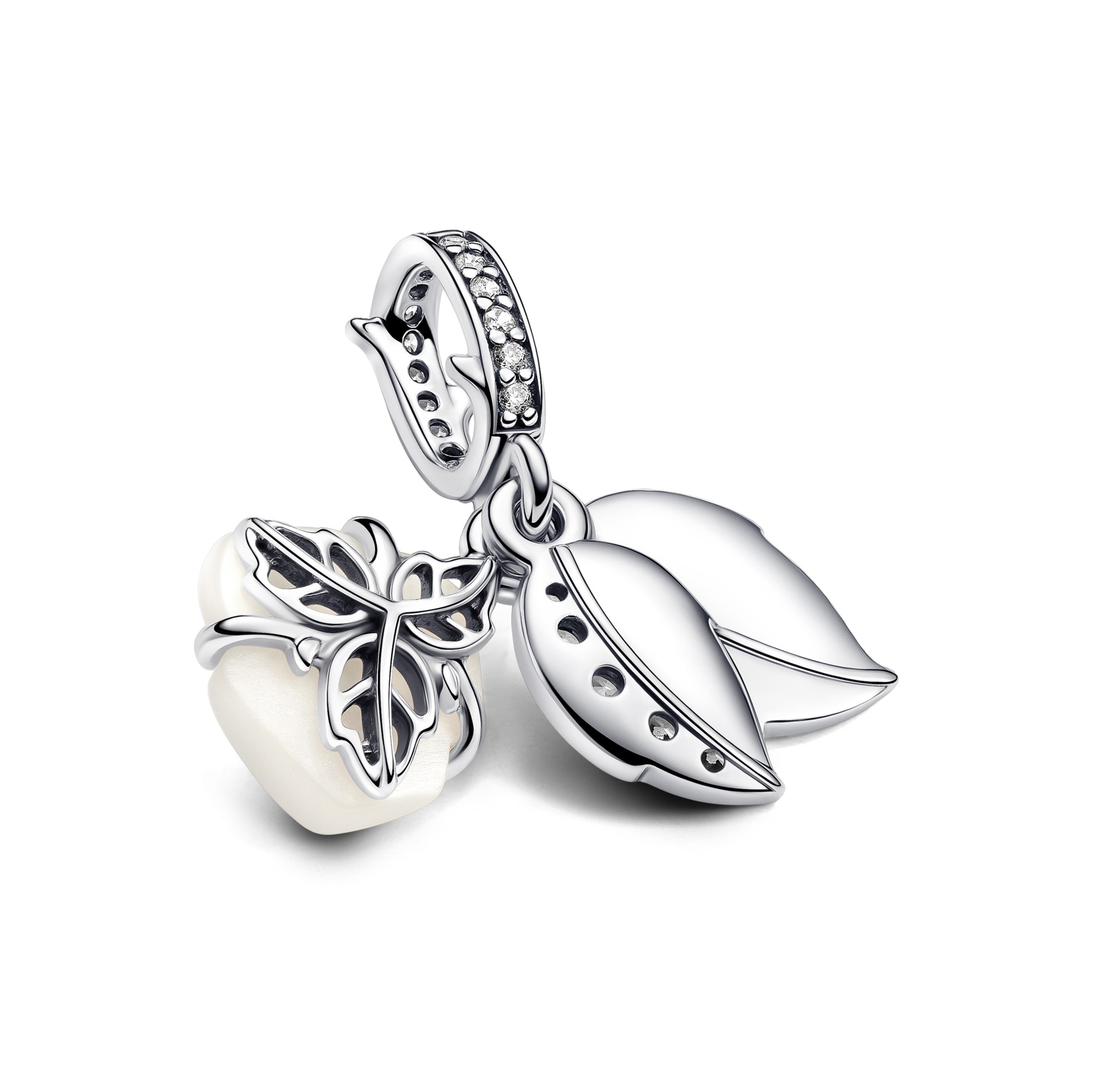 Pandora Weiße Blühende Rose - Doppelter Charm-Anhänger - Silber - Steinmix Weiß – Ansicht 3