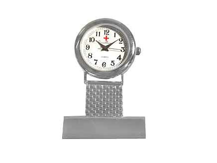 Schwesternuhr in silberner Ausführung mit weißem Ziffernblatt und großen Ziffern. Uhrzeit gut ablesbar, ideal für Krankenschwestern und medizinisches Personal. Robuste und praktische Pulsuhr.