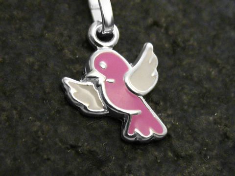 Vogel emailliert Sterling Silber Anhänger Vöglein in pink und weiß für Kinder, Hersteller Juwelier Harnisch, charmantes Design ideal als Geschenk oder schmückendes Accessoire.