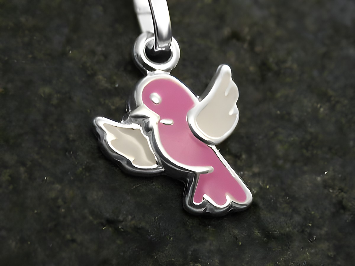 Vogel emailliert Sterling Silber Anhänger Vöglein in pink und weiß für Kinder, Hersteller Juwelier Harnisch, charmantes Design ideal als Geschenk oder schmückendes Accessoire.