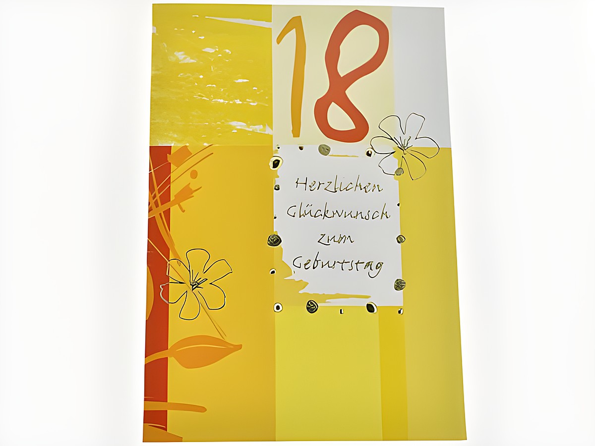 Gelbe Geburtstagskarte mit floralen Motiven und der Zahl 18 sowie dem Text Herzlichen Glückwunsch zum Geburtstag. Hersteller ist Juwelier Harnisch, ideal für den besonderen Anlass.