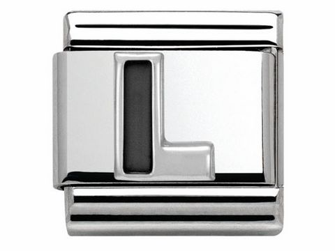 Buchstabe L aus Emaille in der Farbe Schwarz, umgeben von einem glänzenden Silberrahmen, passend für die Schmuckkollektion von Nomination Classic SilverShine.