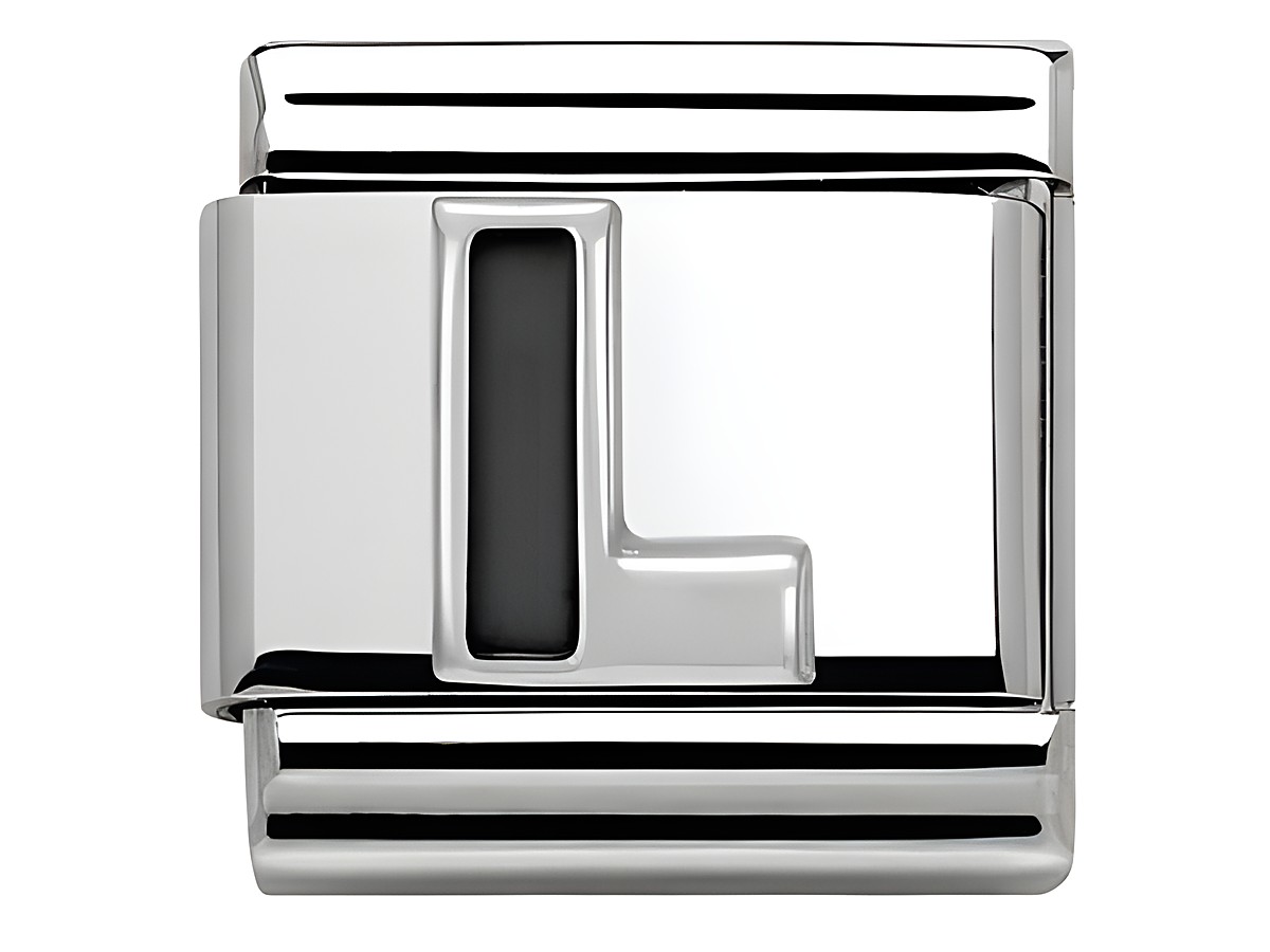 Buchstabe L aus Emaille in der Farbe Schwarz, umgeben von einem glänzenden Silberrahmen, passend für die Schmuckkollektion von Nomination Classic SilverShine.