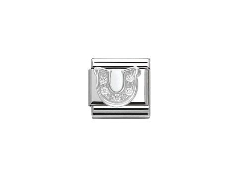 Ein elegantes Hufeisen aus Silber mit glänzender Oberfläche und Zirkonia-Steinen, ideal als Schmuckelement für Armbänder von Nomination.