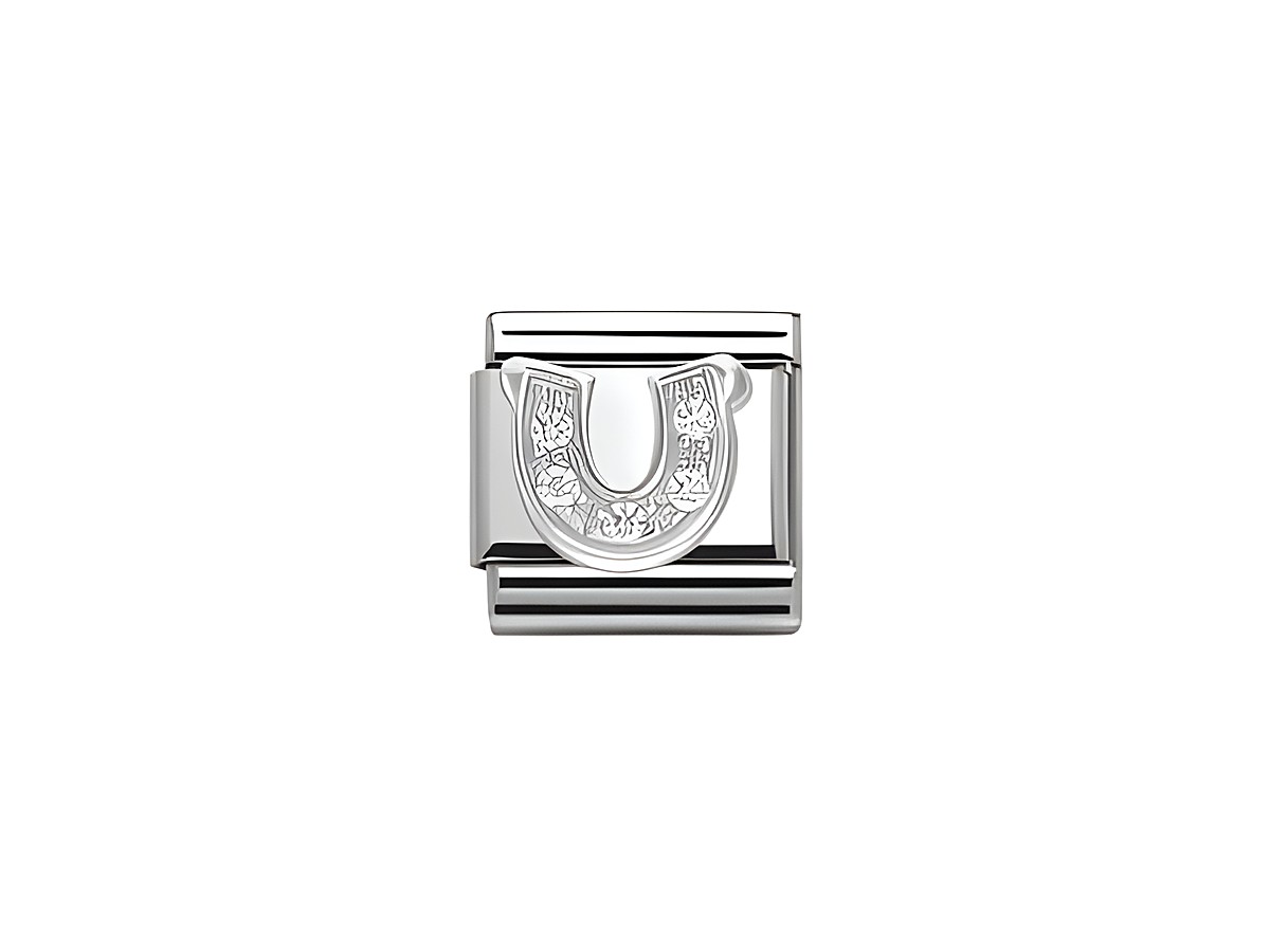 Ein elegantes Hufeisen aus Silber mit glänzender Oberfläche und Zirkonia-Steinen, ideal als Schmuckelement für Armbänder von Nomination.